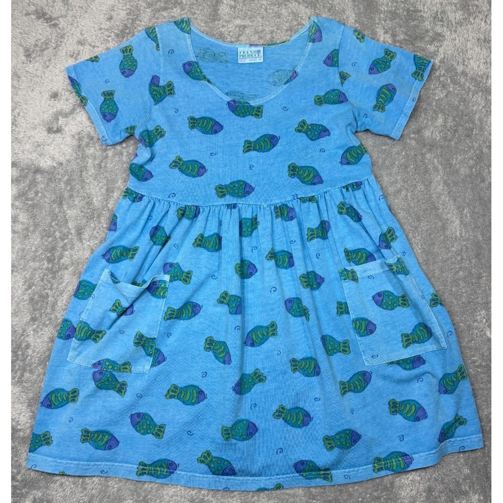 Vintage 90s Fresh Produce Babydoll Dress Womens M Blue Green Tropical Fish